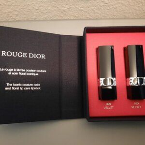 DIOR ROUGE MINI SET OF 2 LIPSTICKS + 6 SAMPLES w/Black Pouch OBO